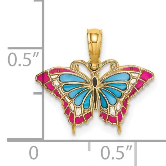 14k Yellow Gold MINI Yellow Pink Aqua Green red/blue Enameled Butterfly Charm - Picture 7 of 8
